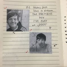 an open notebook with two pictures of the same person and words written in black ink