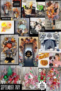 a collage of pictures with candy and decorations