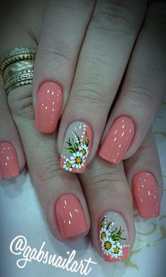 Unhas. Peach Nails, Fingernail Designs, Valentine Nails, Stylish Nails Designs, Flower Nail Designs, Her Nails, Diy Nail Art, Flower Nail Art, Floral Nails