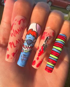 So proud of this set 👻❤️ it was so much fun to callab with my friend @jazzies_nail_pub 🕸️ #stitch #chucky #halloween #spooky #spookynails #summerween @nailzbydevshop Chucky Nail Designs, Stitch Halloween Nails, Chucky Nails, Chucky Halloween, Halloween Nails Diy, Nails Diy, Halloween Spooky, Cute Acrylic Nails, Stiletto Nails