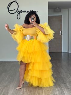 2 piece set Party Two-piece Tiered Skirt, Tulle Sleeves, 2 Piece Set, 2 Piece, Orchids, Skirt Set, Skirt, Yellow