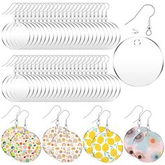 six pairs of earrings with different designs on them and hanging from the hooks, all in various colors