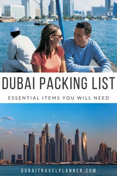 two people sitting on a boat with the words dubai packing list essential items you will need