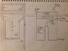 a drawing of a kitchen with the door open and two separate sections labeled in blue ink