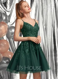 A-Line V-neck Short/Mini Tulle Homecoming Dress With Lace Sequins (022236547) Homecoming Dresses Lace, Green Homecoming Dresses, Mini Homecoming Dresses, Tulle Homecoming Dress, Dress Homecoming, Short Prom Dress, Lace Homecoming Dresses, Grad Dresses, 8th Grade