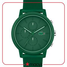 Green Sports Watch With Analog Display, Casual Green Analog Watch, Green Chronograph Watch With Stopwatch, Modern Green Watch Accessories, Green Sports Watch With Round Dial, Casual Green Quartz Watch Accessories, Green Casual Sports Watch, Casual Green Watch With 10atm Water Resistance, Lacoste Men