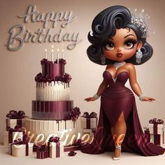 a woman in a dress standing next to a cake with candles on it and the words happy birthday