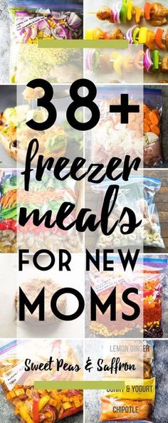 the words 38 freeze meals for new moms are shown