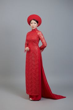 Wedding ao dai. Vietnamese long dress in spectacular red lace.   MEASUREMENTS, SHIPPING TIME ETC.: Free custom fit; we will send you a link to our simple online measurement form within 24 hours of receiving your order. Please allow 3-4 weeks (total) for custom tailoring and shipping, once measurements are received. Please note; we make every effort to ensure our photos accurately represent the true colors of each garment, but due to the nature of different devices, screen brightness, lighting co Elegant Red Ao Dai For Banquet, Elegant Ao Dai With Lace Sleeves For Wedding, Elegant Wedding Ao Dai With Lace Sleeves, Ceremonial Ao Dai With Lace Sleeves, Traditional Lace Maxi Dress For Wedding, Elegant Red Ao Dai For Ceremonies, Elegant Ao Dai With Lace Sleeves For Ceremony, Elegant Red Ao Dai For Ceremony, Red Fitted Full-length Ao Dai