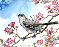 a bird sitting on top of a tree branch with pink flowers in the sky behind it