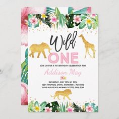 a pink and gold wild one birthday party with giraffes, palm leaves and flowers