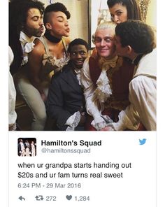 a group of people standing next to each other in front of a wall with the caption hamilton's squad