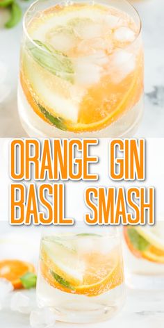 gin basil smash cocktail with oranges and mint garnish on the rim, served in glasses