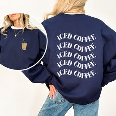 This Iced Coffee Front and Back Sweatshirt is the perfect, casual sweatshirt to look cute and let the world know how much you love your coffee! Sometimes all we need is a comfy little pick me up to wear to feel cute and go get that iced coffee!  Sizing - These sweatshirts are unisex fit and run true to size. They are a loose and casual fit. See photo for exact measurement details.  Fabrication - The sweatshirts are made from 50% polyester, 50% cotton. They are a medium-heavy fabric and extremely Casual Coffee-colored Crew Neck Top, Casual Coffee Crew Neck Top, Coffee Long Sleeve Top With Letter Print, Coffee Color Graphic Print Crew Neck Sweatshirt, Coffee Long Sleeve Cotton Top, Coffee Color Long Sleeve Top With Letter Print, Trendy Coffee Crew Neck Tops, Coffee Long-sleeve Sweatshirt For Winter, Coffee Crew Neck Top For Loungewear