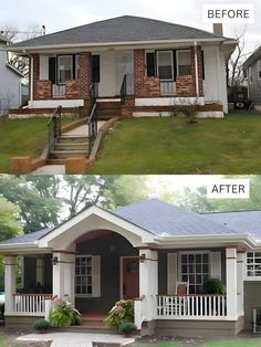 before and after photos of a small house with porches, front steps and second story