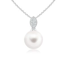 A simple diamond studded leaf motif adds an instant dose of elegance to this solitaire pearl pendant in silver. Hanging from a diamond studded leaf-shaped bale, the round Freshwater cultured pearl is the focal point of this piece. The fine milgrain finish on the leaf completes the classic look of this pearl dangle pendant. Classic White Gold Pearl Necklace In Pear Shape, Classic Pearl Necklace With Diamond Accents, Classic Round Pearl Necklace With Diamond Accents, Classic Diamond White Pearl Pendant Necklace, Simple Diamonds, Leaf Motif, Pearl Pendant Necklace, Pearl Diamond, Leaf Shapes