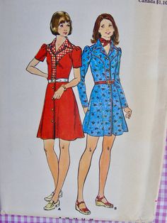 two women's dresses, one in red and the other in blue with buttons