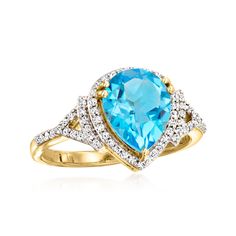 Ross-Simons - 2.10ct Swiss Blue Topaz, .22ct t. w. Diamond Ring Pear Cut in 14kt Yellow Gold. Size 10. Captivate with a cool hue! This fabulous ring flaunts a 2.10 carat pear-shaped Swiss blue topaz jewel, whose strikingly bright shade of blue is accentuated by the glimmer of .22 ct. t. w. round brilliant-cut diamonds surrounding it. Crafted in 14kt yellow gold. 1/2" wide. Diamond and Swiss blue topaz ring. Blue Topaz birthstones are the perfect gift for December birthdays. Topaz And Diamond Ring, Swiss Blue Topaz Ring, Topaz Birthstone, Yellow Gold Jewelry, Jewelry Essentials, Ring Blue, Swiss Blue Topaz, Blue Topaz Ring, Topaz Ring