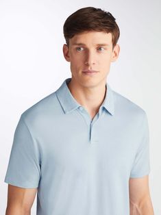 Ramsay is a versatile pique polo shirt, in a soft, sky blue, designed to sit within the Leisure and Resort collections. A true outdoor hero piece. Ramsay is made from a premium blend of pure cotton, lyocell and elastane. The cotton gives the pique its structure, the lyocell provides the super soft feel against the skin and the elastane ensures the polo will keep its shape, wash after wash. Lyocell is also cooler than linen, has excellent moisture management characteristics, is extremely breathab Classic Light Blue Polo Collar Top, Light Blue Cotton Polo Collar Tops, Light Blue Cotton Polo Shirt, Relaxed Fit Blue Polo Shirt, Growing Eucalyptus, Sky Man, Eucalyptus Trees, Pique Polo Shirt, Resort Collection