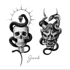 two skulls with snakes on their heads