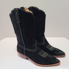 Patricia Nash Bergamo Black Suede Cowboy-Cowgirl Boots Pull On Suede Upper Man Made Sole Heel: 1.5" Shaft: 8.5" Memory Foam Comfort Braided Detail On Side Size 7.5 Questions? Leave A Comment Below! Western Black Mid-calf Boots With Reinforced Heel, Black Western Mid-calf Boots Medium Width, Western Style Black Mid-calf Boots Medium Width, Western Style Black Mid-calf Boots, Suede Moto Boots With Round Toe For Rodeo, Suede Moto Boots For Rodeo With Round Toe, Western Closed Toe Boots With Suede Lining, Black Boots With Leather Sole For Rodeo, Fitted Black Boots With Suede Lining