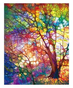 an abstract painting of a tree with colorful leaves