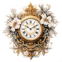 an ornate gold clock with white flowers and leaves on the face is shown against a white background