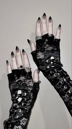 Goth, gothic, gloves, black nails, vintage gothic, aesthetic, dark aesthetic, nails, rings, gothic rings, gothic gloves, hand pictures Gothic Hand Accessories, Whimsigothic Nails, Goth Rings Aesthetic, Asexual Nails, Vkei Nails, Black Fingertips, Dark Goth Nails, Black Goth Nails, Dark Aesthetic Nails