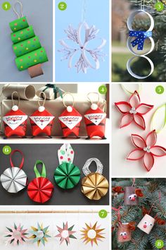 christmas ornaments made out of toilet paper and rolled up origami are featured in this collage