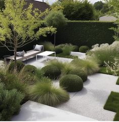 an outdoor garden with grass, bushes and benches in the center is surrounded by shrubbery