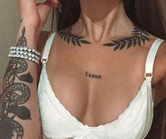 Girl Neck Tattoos, Necklace Tattoo, Neck Tattoos Women, Bone Tattoos, Chest Tattoos For Women, Stylist Tattoos, Sternum Tattoo, Collar Bone Tattoo, Dainty Tattoos