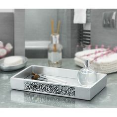 Whether your bathroom has a contemporary look, a rustic feel, or more traditional décor, silver bath accessories complement it with color, shape, and detailing that adds an instant splash of class. You’ll love the rich silver-gray look that blends into any color scheme, the soothing, gentle curves, and the crackled glass detailing that creates exquisite drama and an eye-catching dance of light. Collect the bath accessories piece by piece to end up with a bathroom that is not only functional but Makeup Silver, Silver Bathroom Accessories, Cosmetics Organizer, Marble Bathroom Accessories, Bathroom Vanity Tray, Mosaic Tray, Silver Bathroom, Perfume Jewelry, Mosaic Bathroom