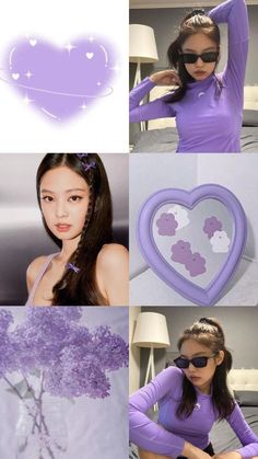 a collage of photos with the same woman in purple clothing and heart - shaped decoration