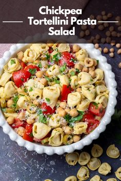 chicken tortellini pasta salad in a white bowl