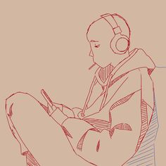 a drawing of a person wearing headphones and using a cell phone while sitting down