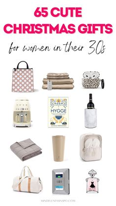 65 cute Christmas gifts for women in their 30s featuring polka dot insulated lunch bag pink and white, luxury mulberry silk sheets set, cute airpods case polka dot pink and black, smeg retro style coffee maker, Hygge book, white marble wine chiller, weighted blanket, cute pale pink insulated travel coffee mug, shoe organizer for travel, white canvas weekender bag, work padfolio with phone charger, women's perfume. Christmas Gift Idea Women, Practical Gift Ideas For Best Friend, Best Girlfriend Christmas Gifts Ideas, Best Christmas Gifts For Women 2022, Cute Cheap Christmas Gifts For Friends, Christmas Gifts For Females, Useful Christmas Gifts For Women, Best 2022 Christmas Gifts, Trendy Christmas Gifts 2022