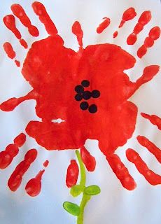 a child's handprint with red flowers on it