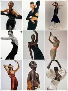 many different images of women in evening dresses and bodysuits, all with their hands on their hips