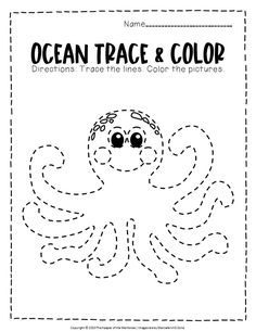 an ocean trace and color page for children to learn how to draw an octopus with the help