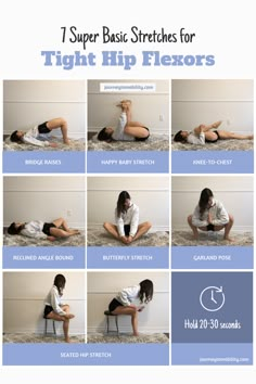 a woman sitting on top of a bed with her legs crossed and the words, super basic stretches for tight hip flexors