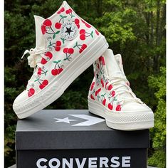 New In Box. Never Worn. Excellent Condition Converse Women’s Chuck Taylor All Star Canvas Cherry Print High Top Athletic Shoe Color: Egret / Cherry Red / Green Us Sizes Available At Listing: Women’s 7 | 10 ( Smaller Size Fits Kid / Child / Youth 5.5y) Style: Ao8096c Features: Canvas Upper Platform Style Provides A Little Lift Cherry Print **I Welcome Fair Offers. Use The Offer Button And I Will Either Accept It Or Counter.** Thanks For Looking And Sharing Be Sure To Check Out My Closet For Other Cherry Converse, Girls Sportswear, Converse Red, New Converse, Kids Converse, Womens Converse, Girls Sneakers, Converse High Tops, Converse Shoes