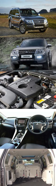 the inside and outside of a car with its hood open, showing different parts in it