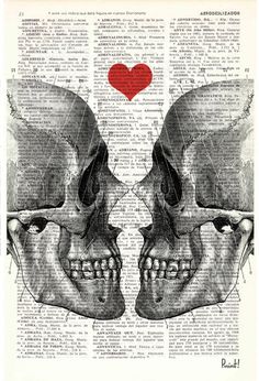 two skulls with their heads facing each other and a red heart in the middle of them