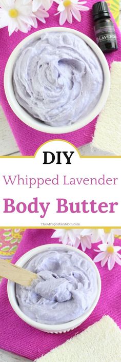 whipped lavender body butter in a white bowl on a pink towel with daisies around it