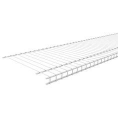 a white shelf with metal bars on it