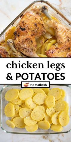 chicken legs and potatoes in a casserole dish with text overlay that reads chicken legs and potatoes