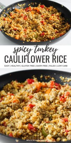 two pans filled with rice and vegetables on top of a white countertop next to the words spicy turkey cauliflower rice