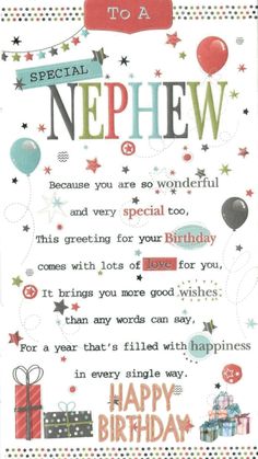 a birthday card with the words to a nephew on it and balloons