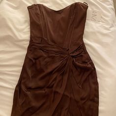 Super Cute Corset Dress With Zipper Back. Brown Strapless Dress For Night Out, Brown Silk Midi Dress For Party, Party Brown Silk Midi Dress, Strapless Brown Dress For Night Out, Brown Knee-length Party Dress, Brown Strapless Ruched Dress, Brown Knee-length Mini Dress For Evening, Brown Knee-length Evening Mini Dress, Brown Silk Cocktail Dress