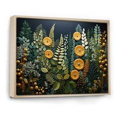 an abstract painting with oranges and plants